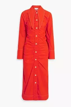 Платье-рубашка миди из хлопкового поплина со сборками GANNI, красный