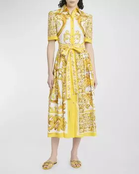 Платье-рубашка миди из поплина с парчовым принтом и поясом Dolce&Gabbana, цвет Yellow Prt