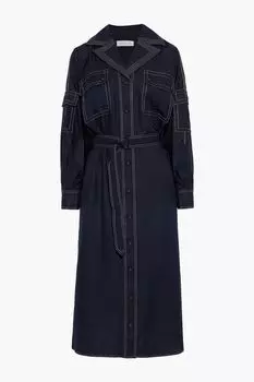 Платье-рубашка миди из шелка с поясом ZIMMERMANN, нави