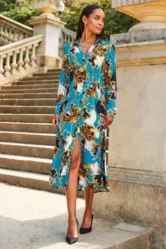 Платье-рубашка миди приталенного кроя с турецкими мотивами Sosandar, синий