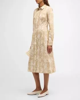 Платье-рубашка миди с длинными рукавами и цветочным принтом в полоску Lela Rose, цвет Sandivory