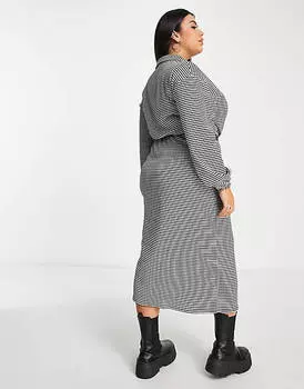 Платье-рубашка миди с длинными рукавами и поясом ASOS DESIGN Curve в моноклеточную клетку