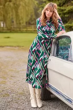 Платье рубашка миди с геометрическим узором, на пуговицах, с поясом Joe Browns, зеленый