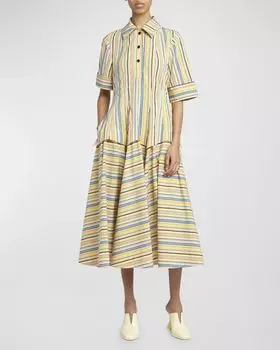 Платье-рубашка миди с короткими рукавами в клетку оптической жатки Bottega Veneta, цвет Luce