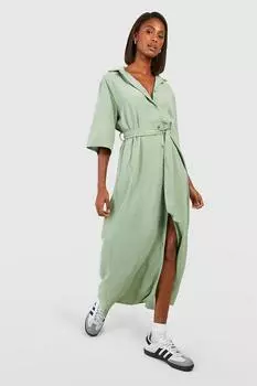 Платье-рубашка миди с полурукавами и поясом Boohoo, хаки