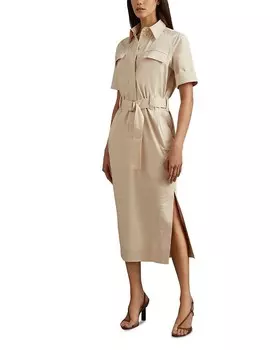 Платье-рубашка миди с поясом REISS Aimee, коричневый/бежевый