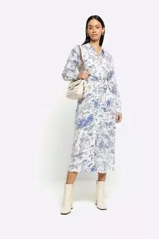 Платье-Рубашка миди с поясом River Island, синий