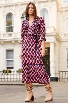 Платье-Рубашка миди с узором V-образным вырезом и кружевной отделкой Love & Roses, красный