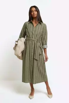 Платье-Рубашка миди с воздушными полосками River Island, хаки