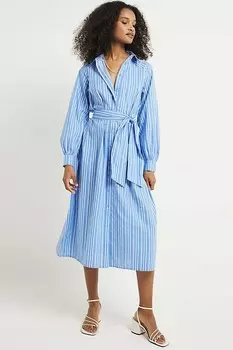 Платье-Рубашка миди с воздушными полосками River Island, синий