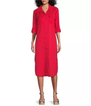 Платье-рубашка миди с закругленными рукавами 3/4, заостренным воротником и пуговицами спереди, в западном направлении Westbound, красный