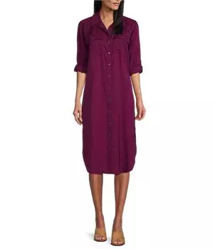 Платье-рубашка миди с закругленными рукавами 3/4, заостренным воротником и пуговицами спереди, в западном направлении Westbound, фиолетовый