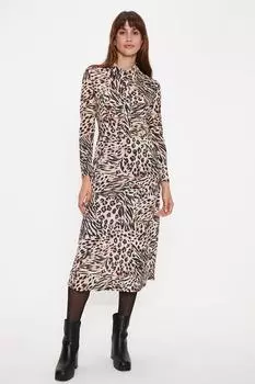 Платье-рубашка миди со сборками на талии и животным принтом Oasis, коричневый
