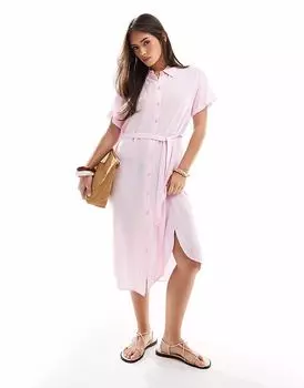 Платье-рубашка миди Vero Moda с поясом-завязкой розового цвета