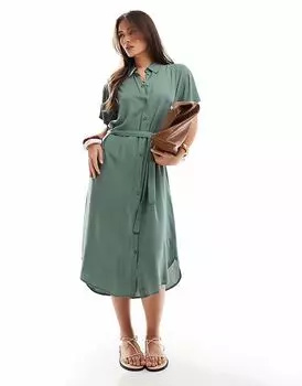 Платье-рубашка миди Vero Moda с поясом-завязкой зеленого цвета