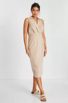 Платье-рубашка миди в льняном стиле Stone QUIZ Clothing