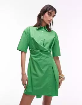 Платье-рубашка мини ARKET из хлопка с запахом на пуговицах спереди зеленого цвета