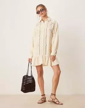 Платье-рубашка мини ASOS DESIGN из твила с вышивкой в тон цвета экрю