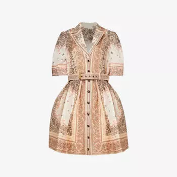Платье-рубашка мини из льна и шелка с принтом пейсли Zimmermann, бежевый
