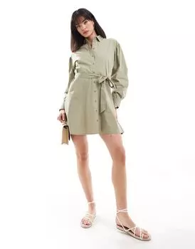 Платье-рубашка мини из поплина с поясом цвета хаки Miss Selfridge