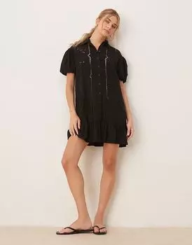Платье-рубашка мини из твила с короткими рукавами и вышивкой в тон черного цвета ASOS DESIGN