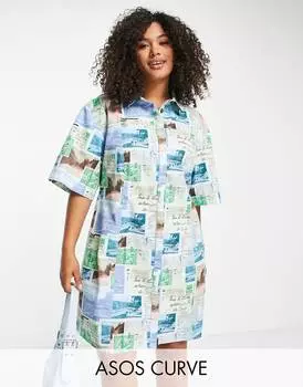 Платье-рубашка мини из твила с принтом в виде открытки ASOS DESIGN Curve