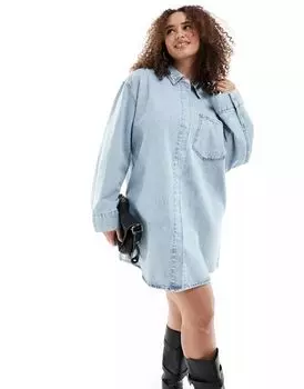 Платье-рубашка мини из выбеленного денима с передним карманом ASOS DESIGN Curve