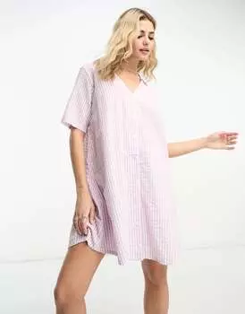 Платье-рубашка мини Monki из сирсакера в сиреневую полоску
