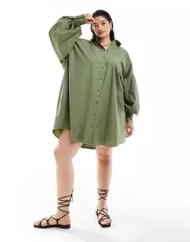 Платье-рубашка мини с объемными рукавами цвета хаки ASOS DESIGN Curve Ultimate бойфренд