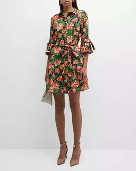 Платье-рубашка мини с поясом и рукавами с воланами-бантами Carolina Herrera, цвет Midnight Multi