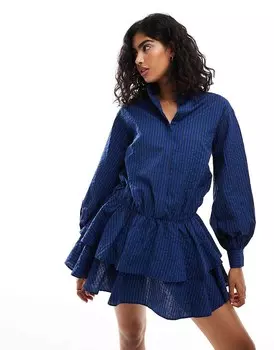 Платье-рубашка мини с рюшами и юбкой в темно-синюю полоску ASOS DESIGN
