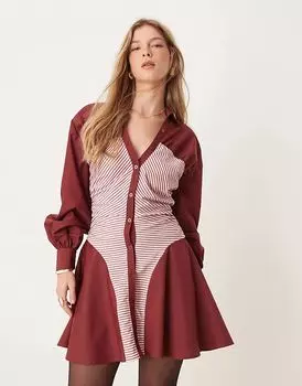 Платье-рубашка мини с рюшами в полоску бордового цвета ASOS DESIGN