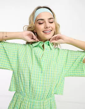 Платье-рубашка мини с вырезом на спине в зелено-желтую клетку ASOS DESIGN