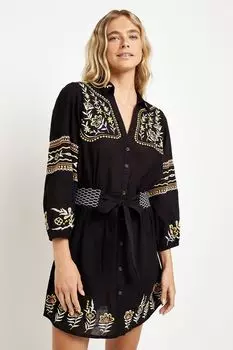 Платье-Рубашка мини с вышивкой River Island, черный