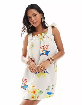 Платье-рубашка-мини с завязками на плечах Pieces в стиле разговорного принта на кремовой основе