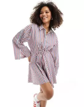 Платье-рубашка мини со сборками на поясе ASOS DESIGN в разноцветные полоски