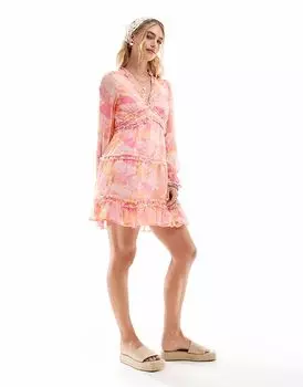 Платье-рубашка мини Vero Moda Smilla с оборками розового цвета с размытым цветочным узором