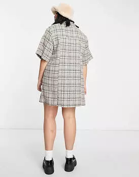 Платье-рубашка мини в клетку латте ASOS DESIGN Curve
