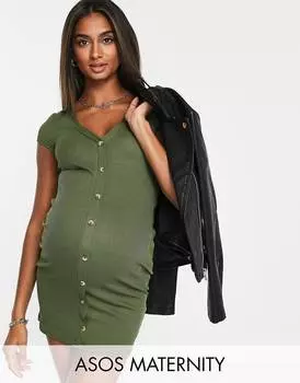 Платье-рубашка мини в рубчик цвета хаки ASOS DESIGN Maternity