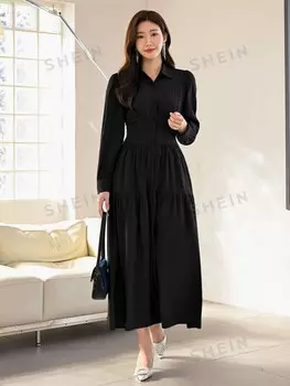 Платье-рубашка Modely, однотонное, с оборками/рюшами Shein, черный