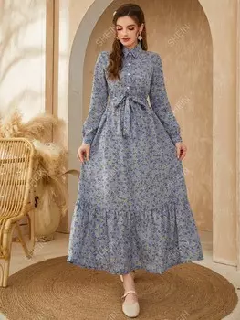 Платье-рубашка Mulvari, мелкий цветочный принт, рукава-фонарики, воланный низ, пояс Shein, пастельно-синий