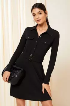 Платье-Рубашка на пуговицах с длинными рукавами и поясом Friends Like These, черный