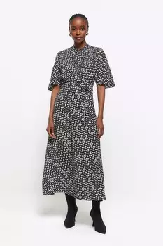 Платье-Рубашка на пуговицах с поясом и принтом River Island, черный