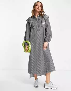 Платье-рубашка оверсайз миди с поплиновым нагрудником и оборками Topshop в темно-синюю и белую полоску