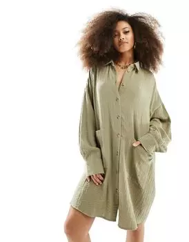 Платье-рубашка оверсайз с присборенными карманами из двойной ткани ASOS DESIGN цвета хаки
