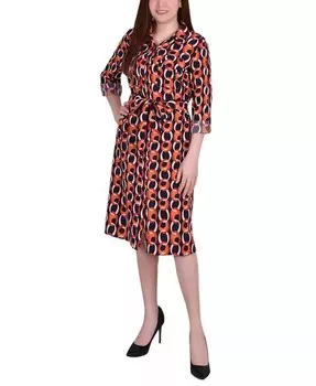 Платье-рубашка Petite с геометрическим принтом и длинными рукавами NY Collection, мультиколор