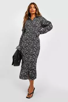 Платье-рубашка плиссированная зебра премиум Boohoo, черный