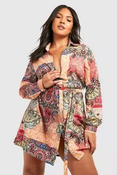 Платье-рубашка Plus с длинным рукавом с узором пейсли boohoo, оранжевый