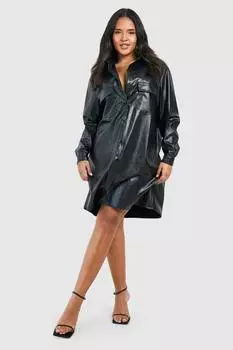 Платье-рубашка Plus с карманами из искусственной кожи boohoo, черный