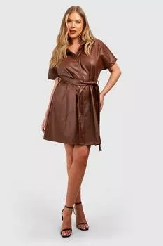 Платье-рубашка Plus с поясом из искусственной кожи boohoo, коричневый